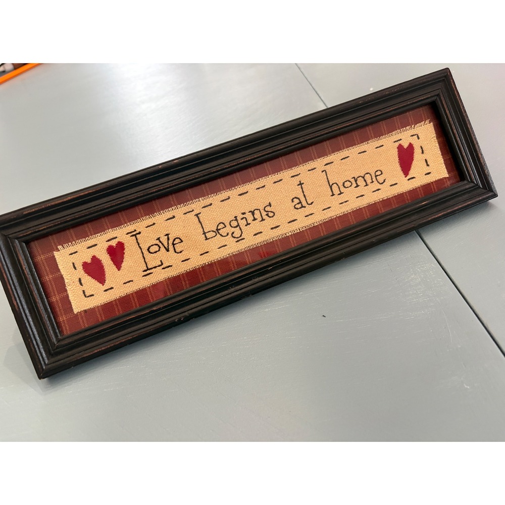 Vintage primitive Red Excellent Love Begins At Home Sign cross stitch handmade